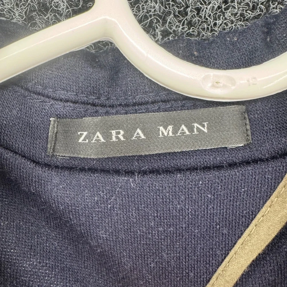 Zara Man Navy Blue Two Button Blazer Elbow Patches Faux Leather Trim USA 36